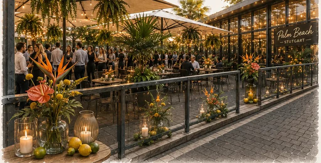 Visualisiertes Eventkonzept mit tropischer Floristik im Palm Beach Stuttgart