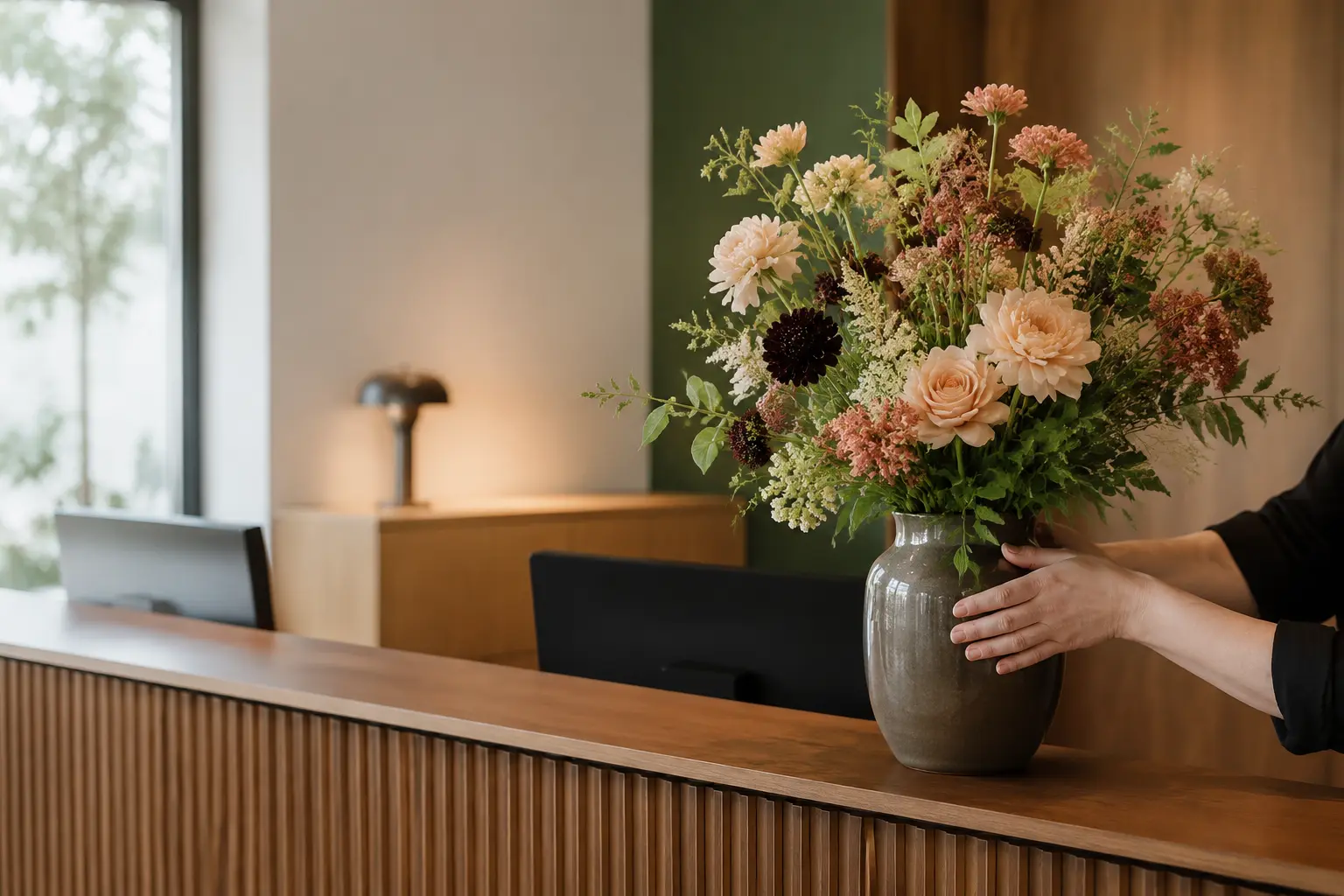 Frische Blumen werden am Empfang eines Unternehmens ausgetauscht