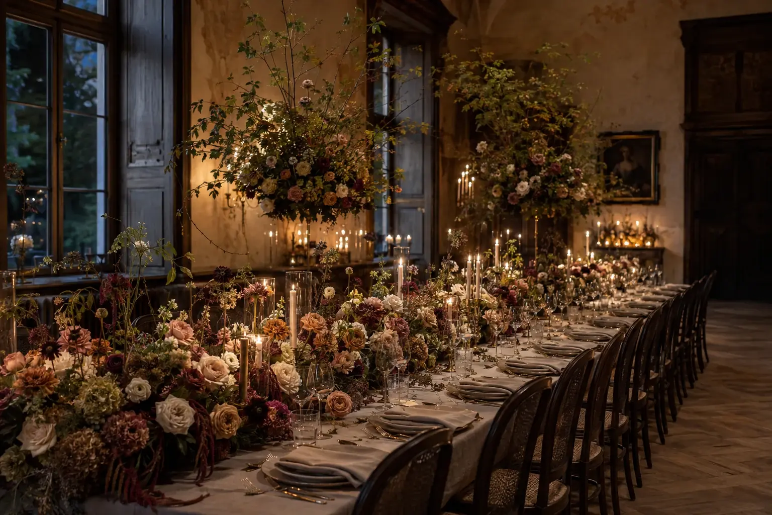Vollständig gestaltete florale Hochzeitstafel