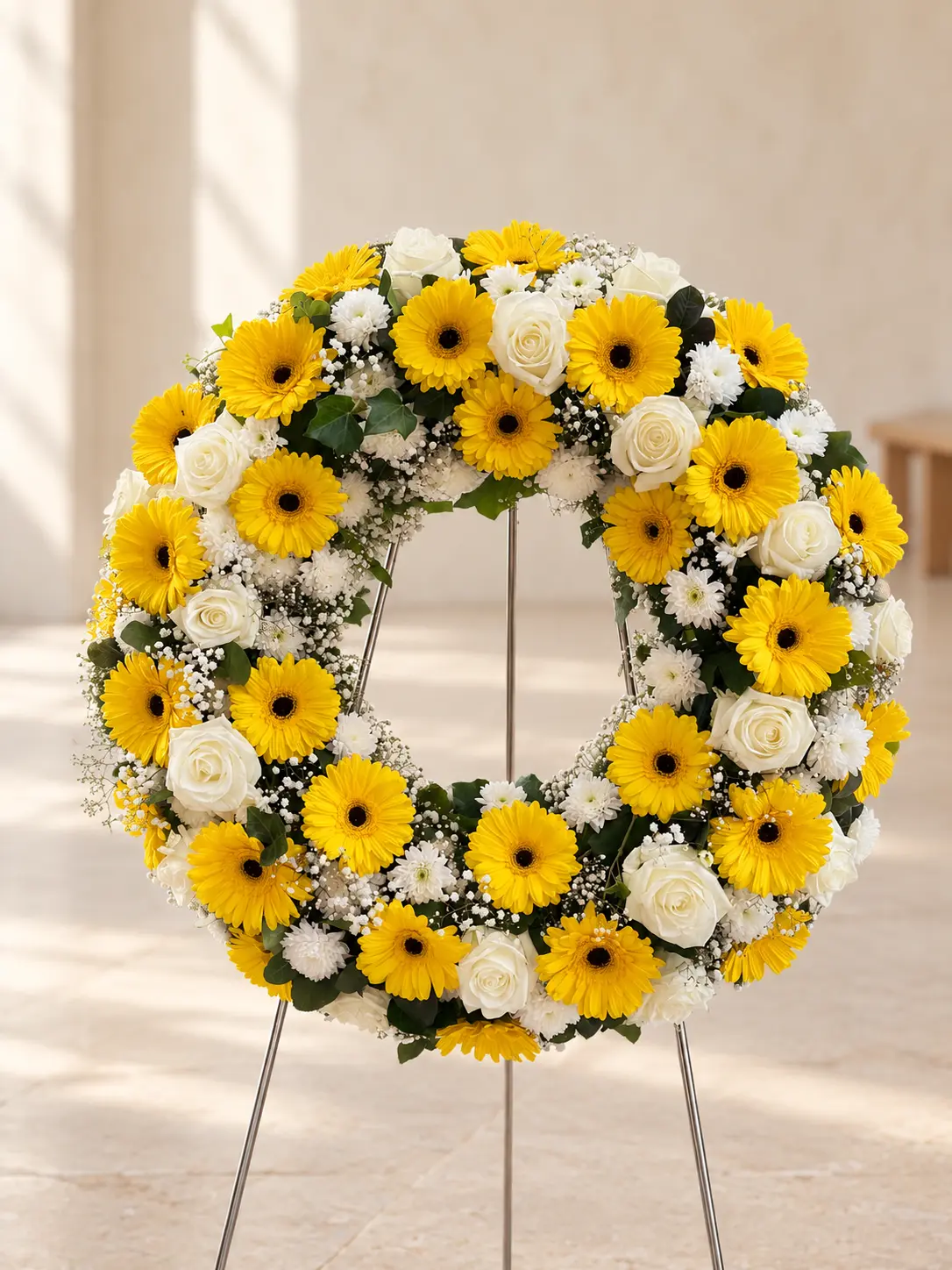 Trauerkranz aus gelben Gerbera, weißen Rosen und zarten weißen Blüten