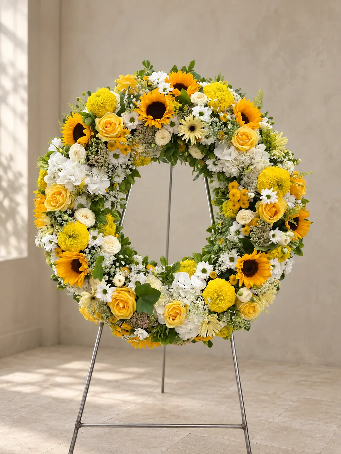 Trauerkranz mit Sonnenblumen, gelben und weißen Rosen sowie feinen Wiesenblüten