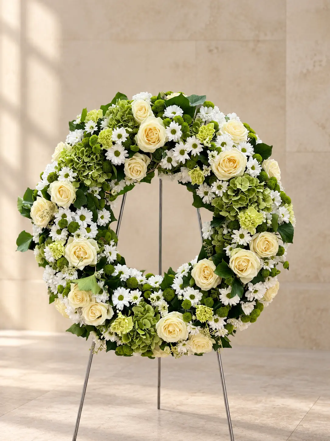 Weiß-grüner Trauerkranz mit Hortensien, Margeriten und Rosen