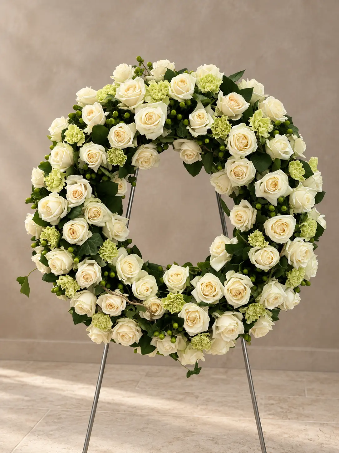 Trauerkranz aus weißen Rosen, lindgrünen Nelken und dunklem Grün